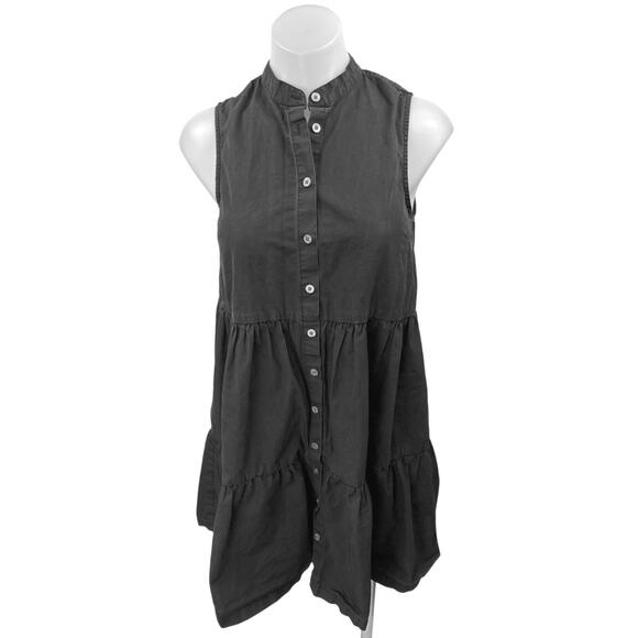 Madewell Black Gray Sleeveless Tiered Button Down Mini A-Line Shirt Dress Sz XS - Picture 5 of 9